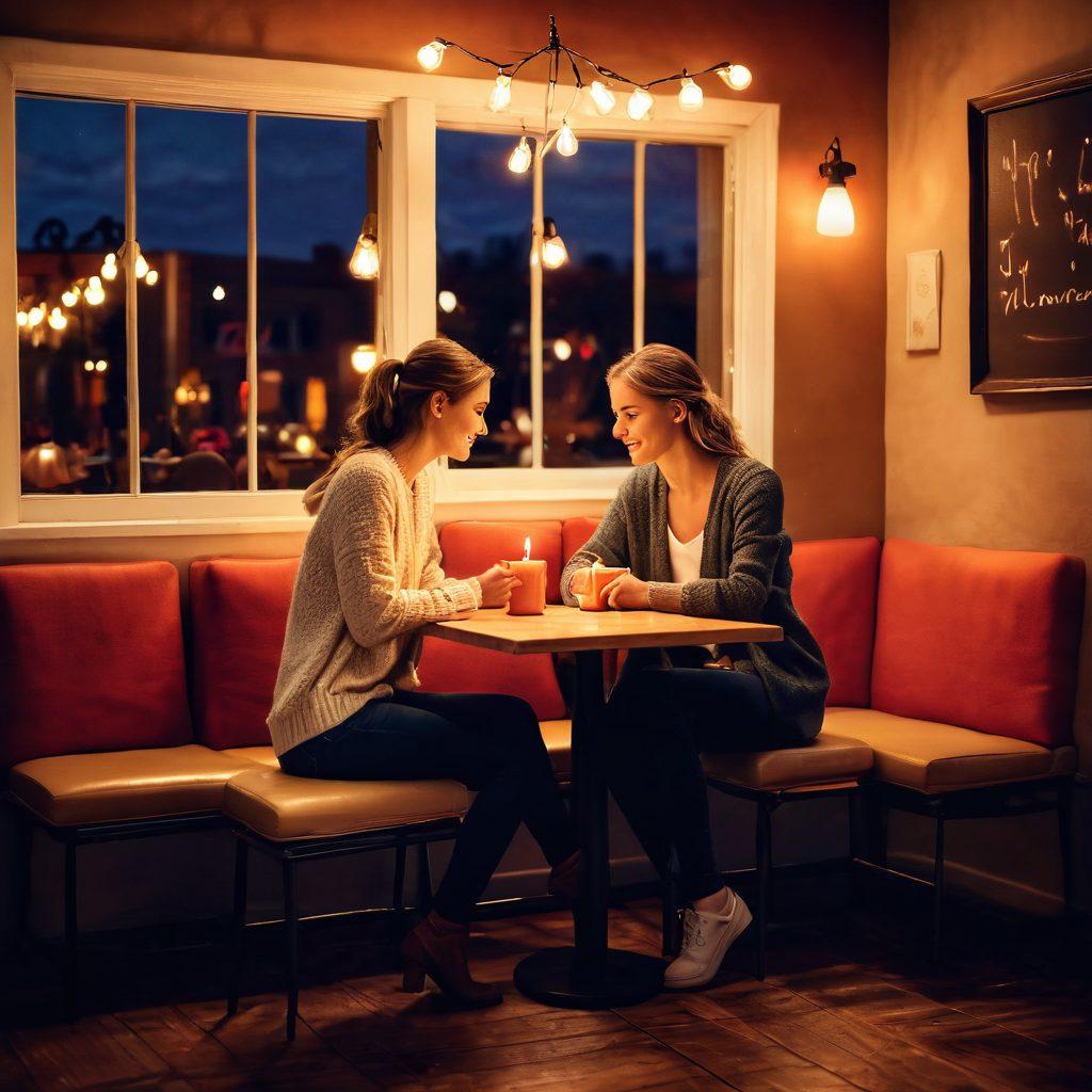 A cozy café scene where two people are sharing a tender moment, surrounded by soft candlelight and warm colors. Elements like handwritten love notes and small, loving gestures create an atmosphere of endearment. Incorporate a heart shape subtly in the background through decor. Emphasize a feeling of connection and intimacy. warm, soft lighting. super-realistic. vibrant colors.