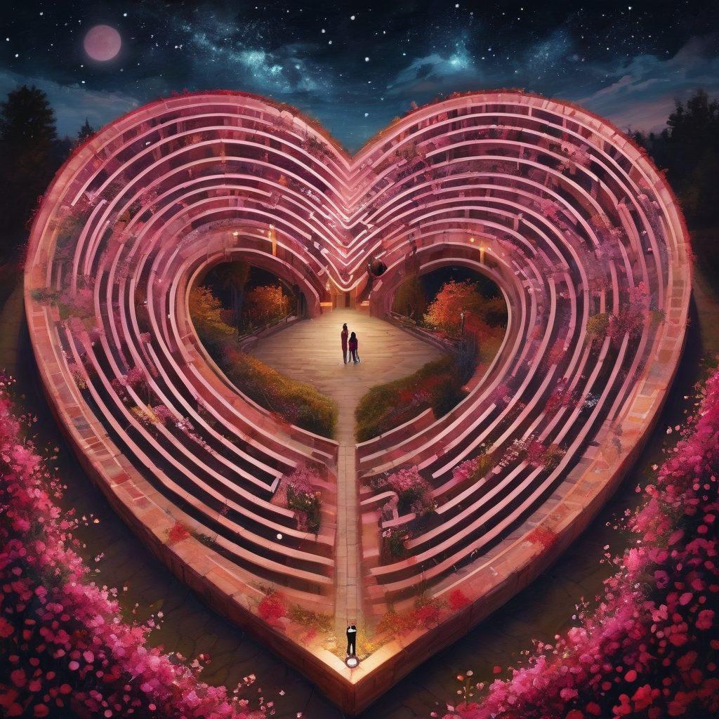 A heart-shaped labyrinth symbolizing the journey of love, with diverse couples navigating through it under a starry night sky, surrounded by blooming flowers and soft glowing lights. Emphasize warmth and connection through their expressions and gestures. Romantic hues of red and pink with touches of gold to enhance the emotional depth. painterly style. vibrant colors.