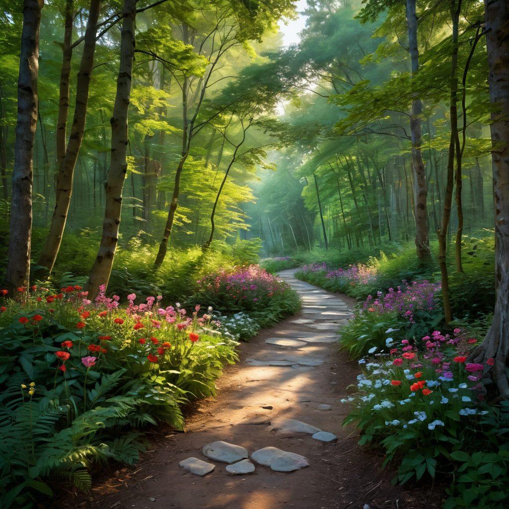 A serene path winding through a lush forest, symbolizing a journey filled with vibrant flowers and soft sunlight filtering through the leaves. Along the path, couples of diverse backgrounds share intimate moments of affection and adoration. In the distance, a warm horizon glows, representing the passion that guides them. The overall mood is tranquil yet vibrant, evoking a sense of adventure and love. super-realistic. vibrant colors. 3D.